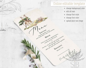 Modèle de menu d'animaux de safari, menu modifiable en ligne, modèle de carte de mariage de couple de girafe, mariage de zoo, ensemble de savane