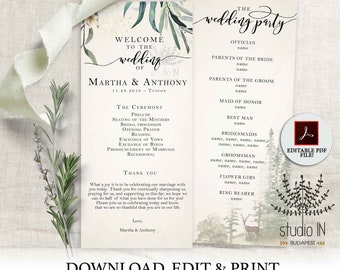 Wedding Program Template, Order Of Ceremony Template, woodland wedding program,  outdoor ceremony Template, PDF wedding program