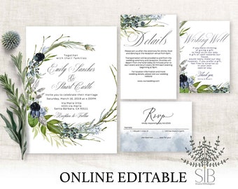 Dusty blue and grey wedding invitation set, leafy dusty blue wreath invitation, boho wedding invitation, invitation template, (Leona set)
