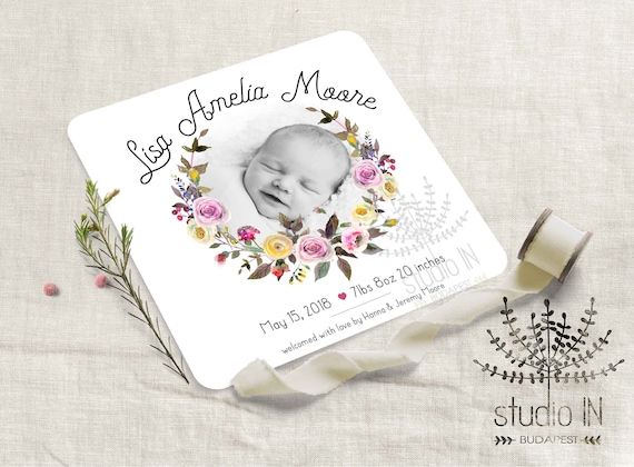 birth announcement card baby girl announcement floral printable baby birth card newborn announcement new baby photo card baby girl announcement card