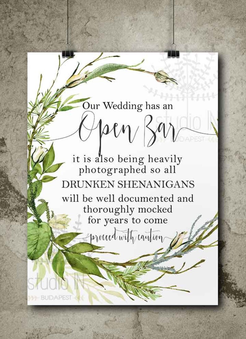 Open bar sign, Green wedding sign, botanical Wedding reception, printable wedding bar decorations, foliage open bar sign, image 3