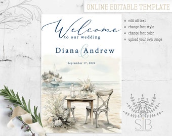 Seaside, Coastal, Boat Wedding welcome sign template, online editable template for seashore wedding and other tropical theme events