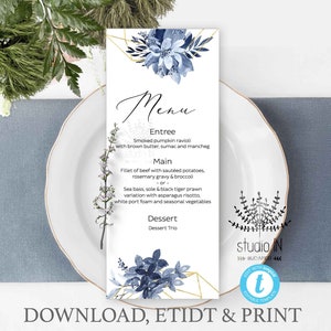 Menukaart menukaart blauwe bruiloft, blauwe tabel teken, stoffige blauwe menu, menu kaartsjabloon, winter bruiloft teken afbeelding 1