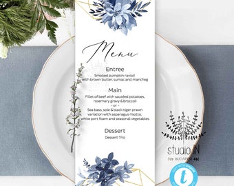 Carte de menu, carte de menu de mariage bleu, signe de table bleu, vieux menu bleu, modèle de carte de menu, signe de mariage d’hiver