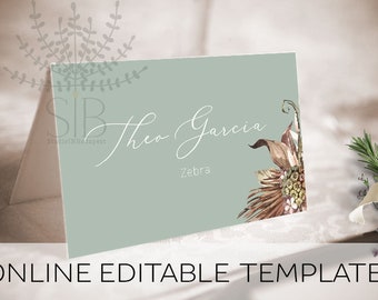 Sage green and dry flower online editable Place card template match to our Savanna set