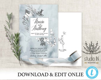 Dusty blue wedding invitation, Blue wedding invite, botanical winter wedding, DIY Editable botanical invite, Dusty blue floral invitation