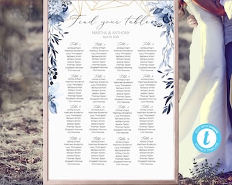 Plan de table de mariage bleu, plan de table de mariage modifiable, affectation de table bleue, modèle de plan de table bleu poussiéreux, plan de mariage d'hiver