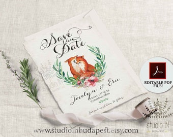 Fox save the date pdf template, Forest wedding save the date card, Fox PDF save the date template, DIY woodland wedding pdf template