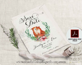 Fuchs Save the Date Pdf Vorlage, Waldhochzeit Save the Date Karte, Fuchs PDF Save the Date Vorlage, DIY Waldhochzeit Pdf Vorlage