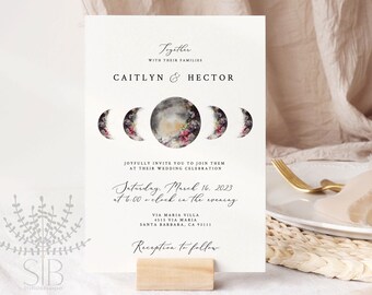 Celestial Wedding Invitation, Bohemian Floral Moon Wedding Invite, Blooming moon wedding template, RSVP, Detail, Editable Template