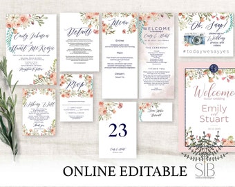 Blush Rose Wedding Invitation Set Template Dusty Pink Boho Wedding Invitation Suite Template (Zoe set)