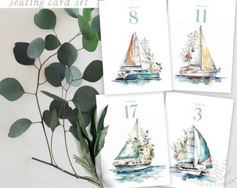 Sailboat table number cards, beach table numbers, boat wedding table sign, coastal table numbers, editable table card template