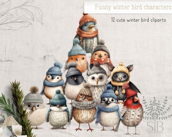 Birds Cute whimsical winter bird characters clipart, Christmas birds png clipart