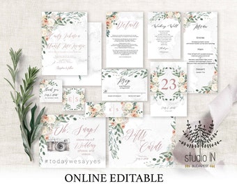 Blush wedding invitation template, boho wedding suite, rustic wedding, blush wedding set, botanical invitation template suite (Lizzy set)