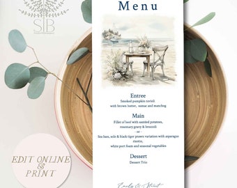 Bord de mer, côtier, modèle de menu, modèle de menu d'événement modifiable pour mariage à la plage et autres événements à thème tropical