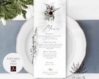 Wedding Menu pdf template, love bird wedding menu template, botanical menu card template, botanical pdf menu template,