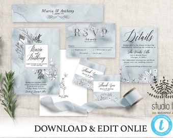 Dusty blue wedding invitation set, Blue wedding set, botanical wedding, DIY Editable botanical invite suite, Dusty blue invitation suite