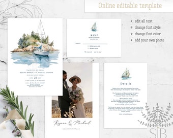 Seaside, Coastal, Boat Wedding invitation template, editable invitation template for seashore wedding and other tropical theme events