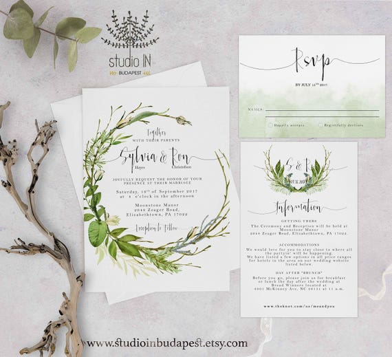 green foliage wedding invitation woodland wedding invite etsy forest wedding invitation