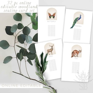 Woodland animals hanging seating plan cards, online editable seating escort cards template