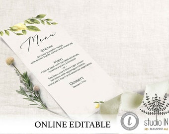 Menu card, lemon wedding, yellow table sign, botanical menu, tropical wedding menu card template, yellow and green menu template, DIY bride