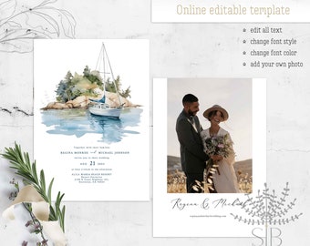 Seaside, Coastal, Boat Wedding invitation template, editable nautical invitation template for seashore wedding and tropical theme events
