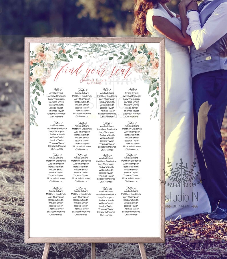 garden rose wedding seating chart blush table assignment table chart template Blush wedding seating chart LIZZY set garden wedding