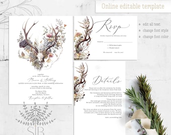 Boho deer antler forest flowers wedding invitation set online editable template