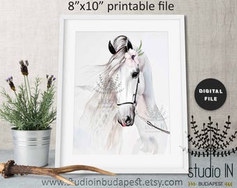 Horse print, printable horse poster, white horse print, instant download horse printable art, modern horse art, horse print for girls