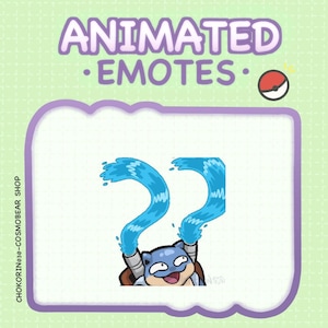 Może przedstawiać: Animowany emotka Twitch przedstawiająca niebieskiego Pokemona z zaskoczonym wyrazem twarzy, trzymającego dwa niebieskie strumienie wody nad głową. Emotka jest umieszczona na białym tle z fioletowym obramowaniem.