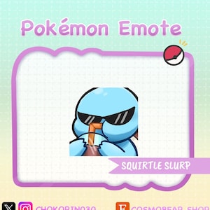 Może przedstawiać: Niebieski Pokemon Squirtle w okularach przeciwsłonecznych pijący z brązowego kubka ze słomką. Pod obrazkiem widnieje napis "Squirtle Slurp".