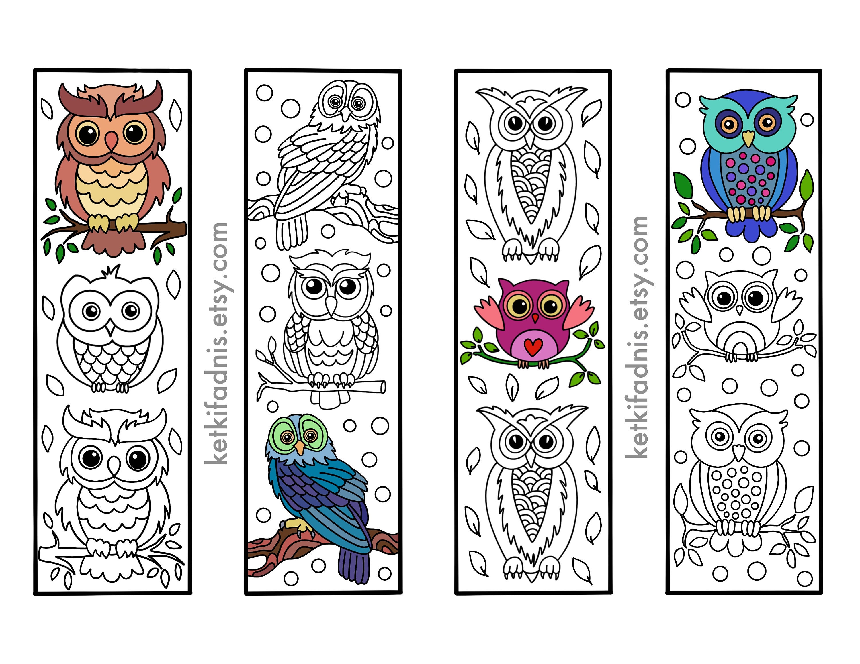 Owls Coloring Bookmarks Bookmarks Coloring Page Instant - Etsy