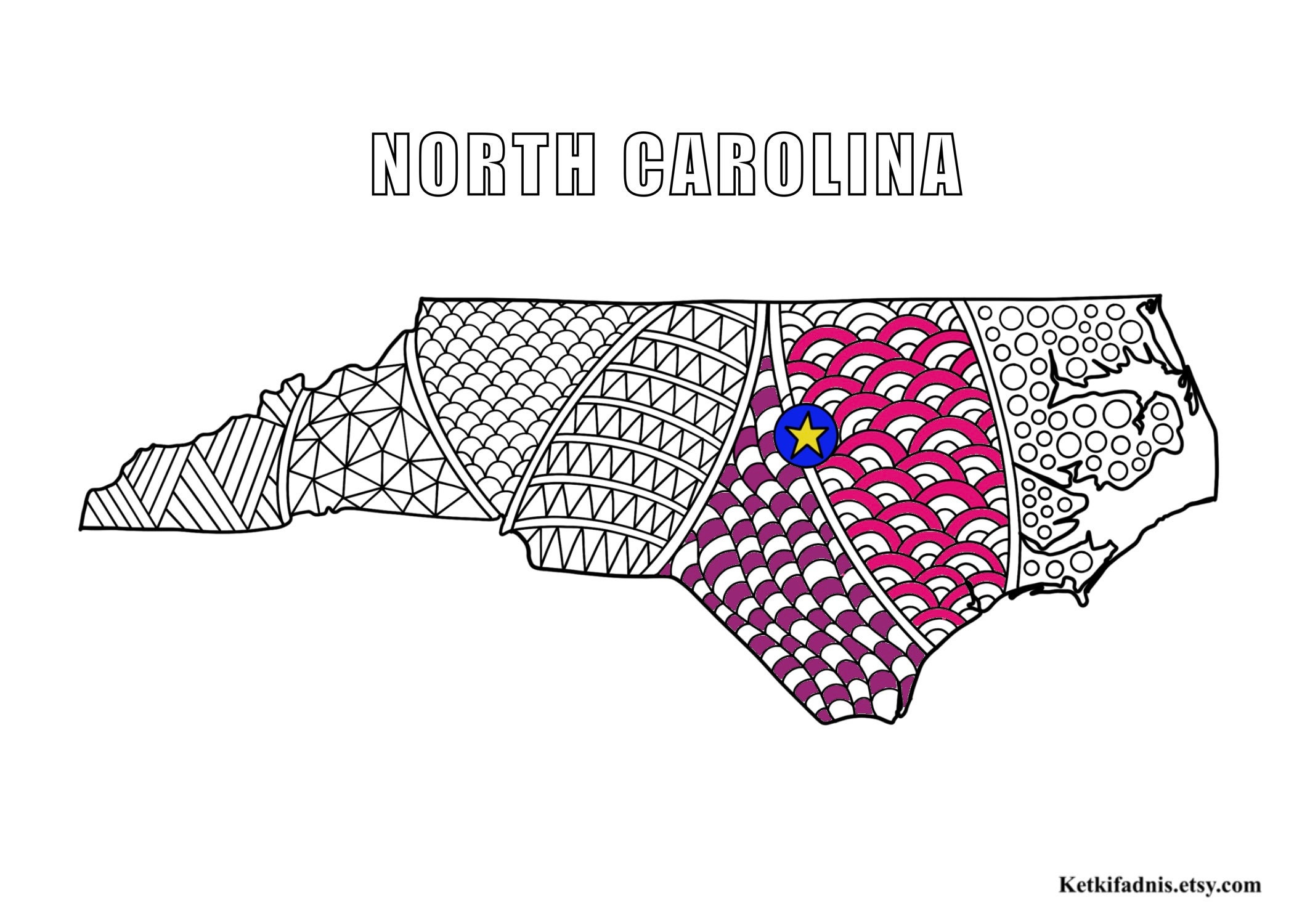 North Carolina Map Colouring Page , Digital Download, PDF, Zentangle