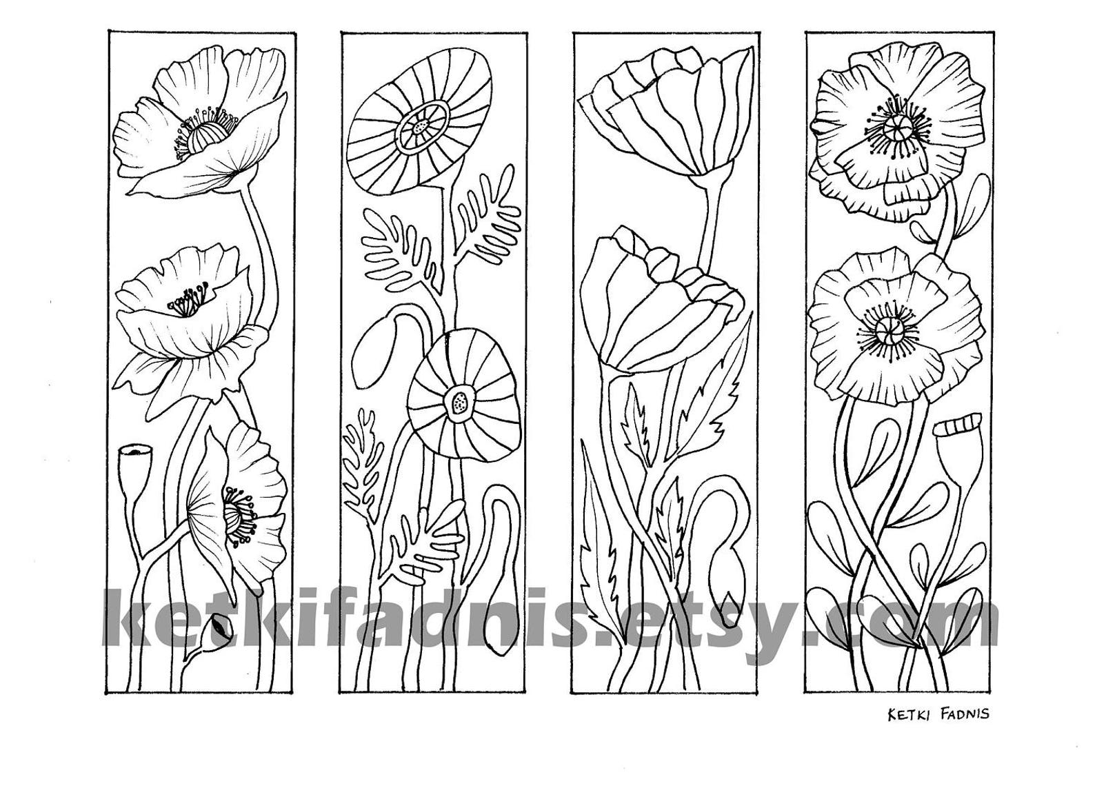 Coloring Bookmarks Poppy Flowers Bookmarks Coloring Page Instant PDF ...