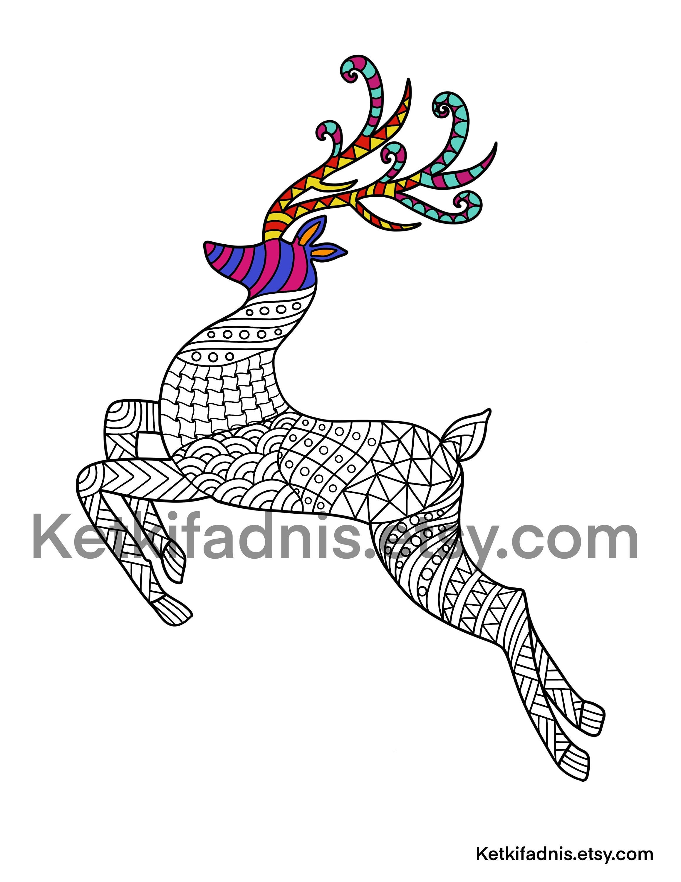 Reindeer Christmas Coloring Page Pdf Digital Download Etsy