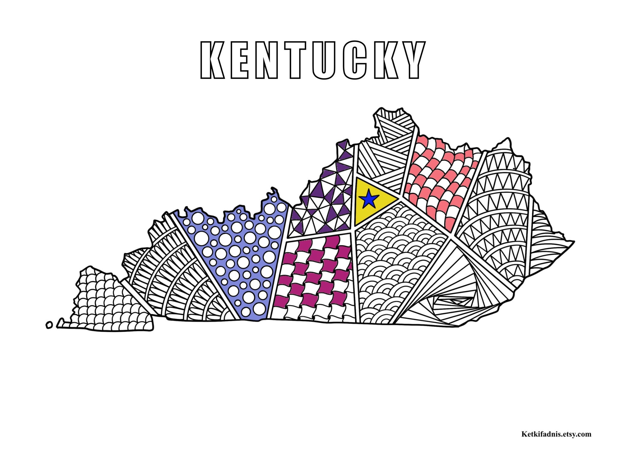 Kentucky Map Colouring Page Digital Download PDF Zentangle - Etsy