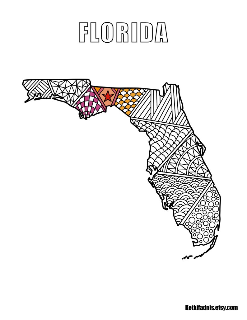 Florida Map Colouring Page Digital Download PDF Zentangle - Etsy