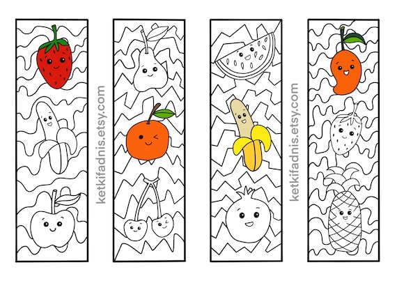 Kawaii Fruit Coloring bookmarks - bookmarks coloring page - PDF Download -  Digital download - Coloring page - colouring bookmarks