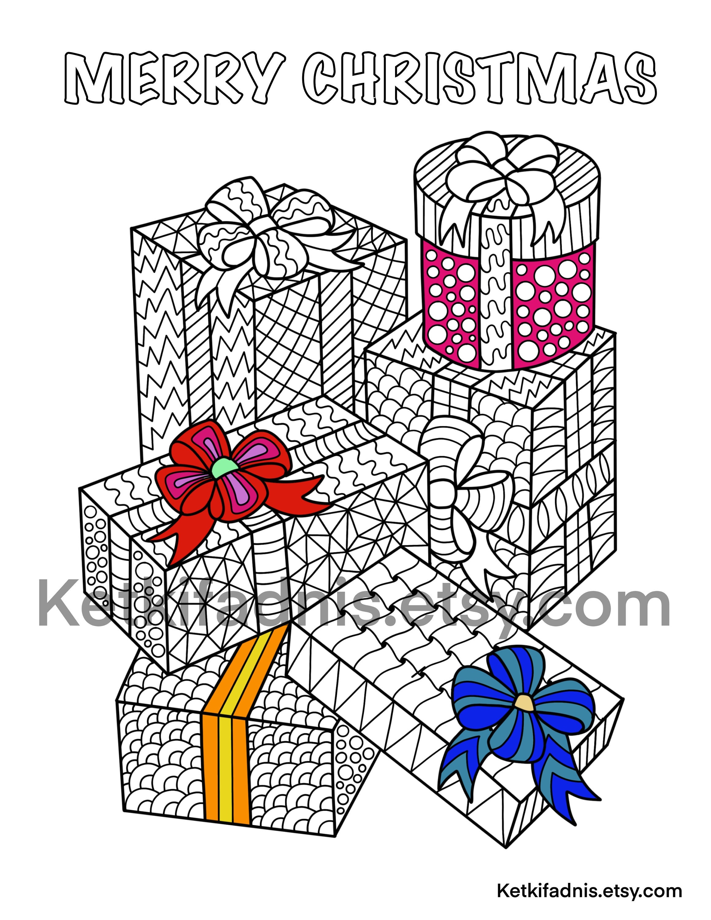 Christmas Presents Coloring Page PDF Digital Download Zentangle
