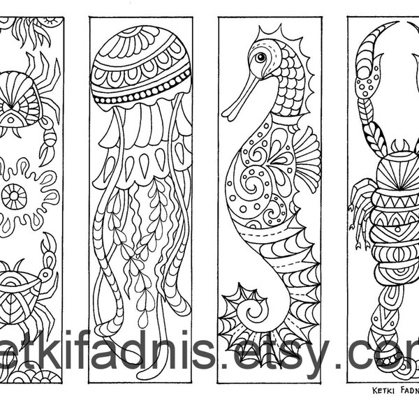 Coloring Bookmarks Sea Creatures - Etsy