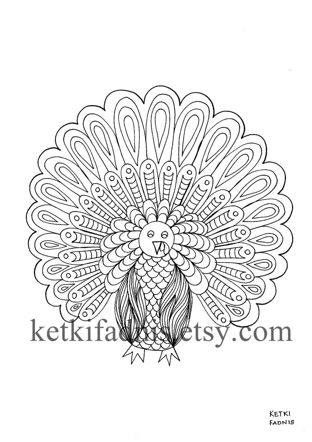 Turkey - Thanksgiving - Coloring page - Instant PDF Download - Hand drawn- Adult coloring page - DIY