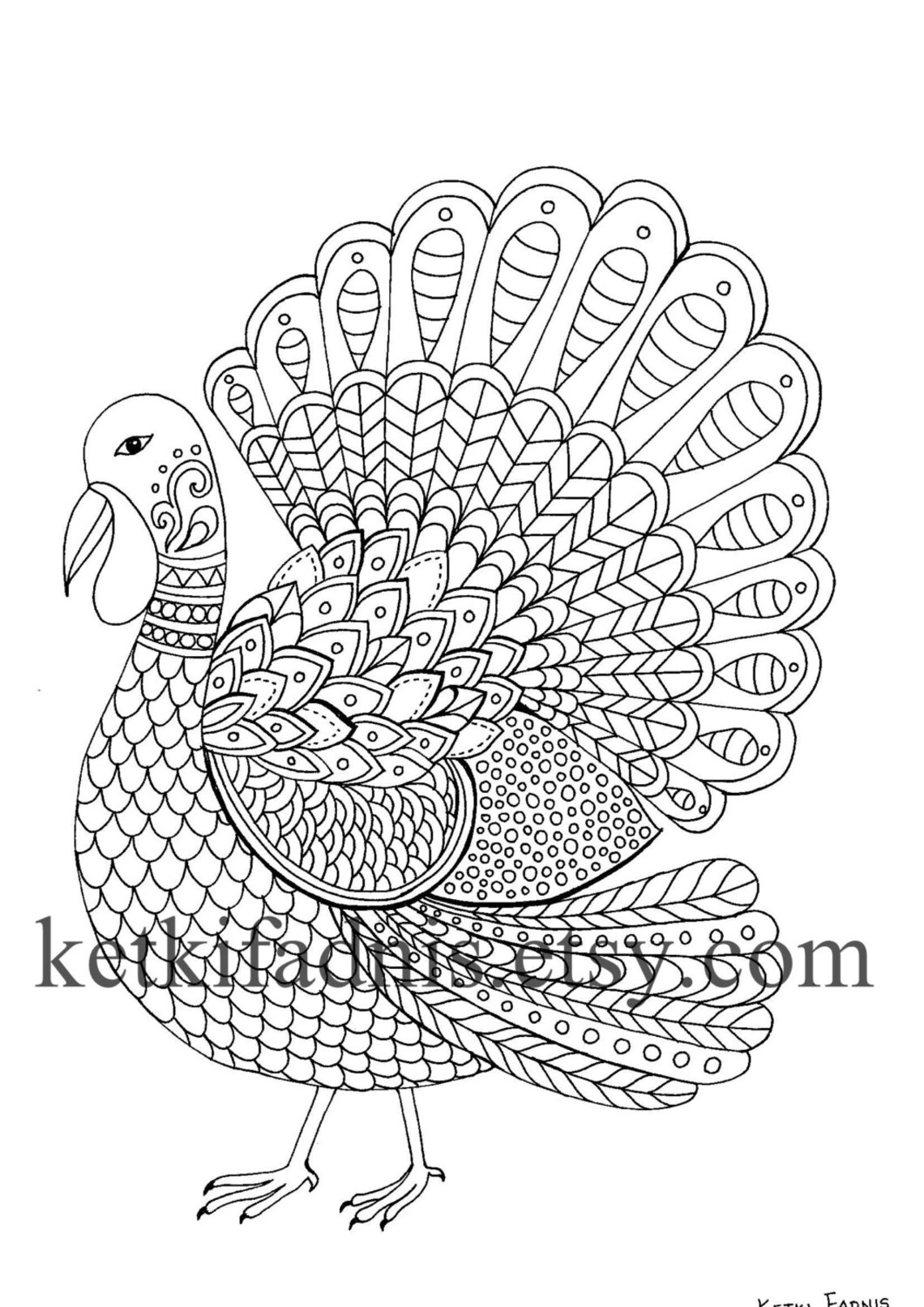 Turkey Thanksgiving Coloring Page Instant PDF Download Hand Drawn Adult ...