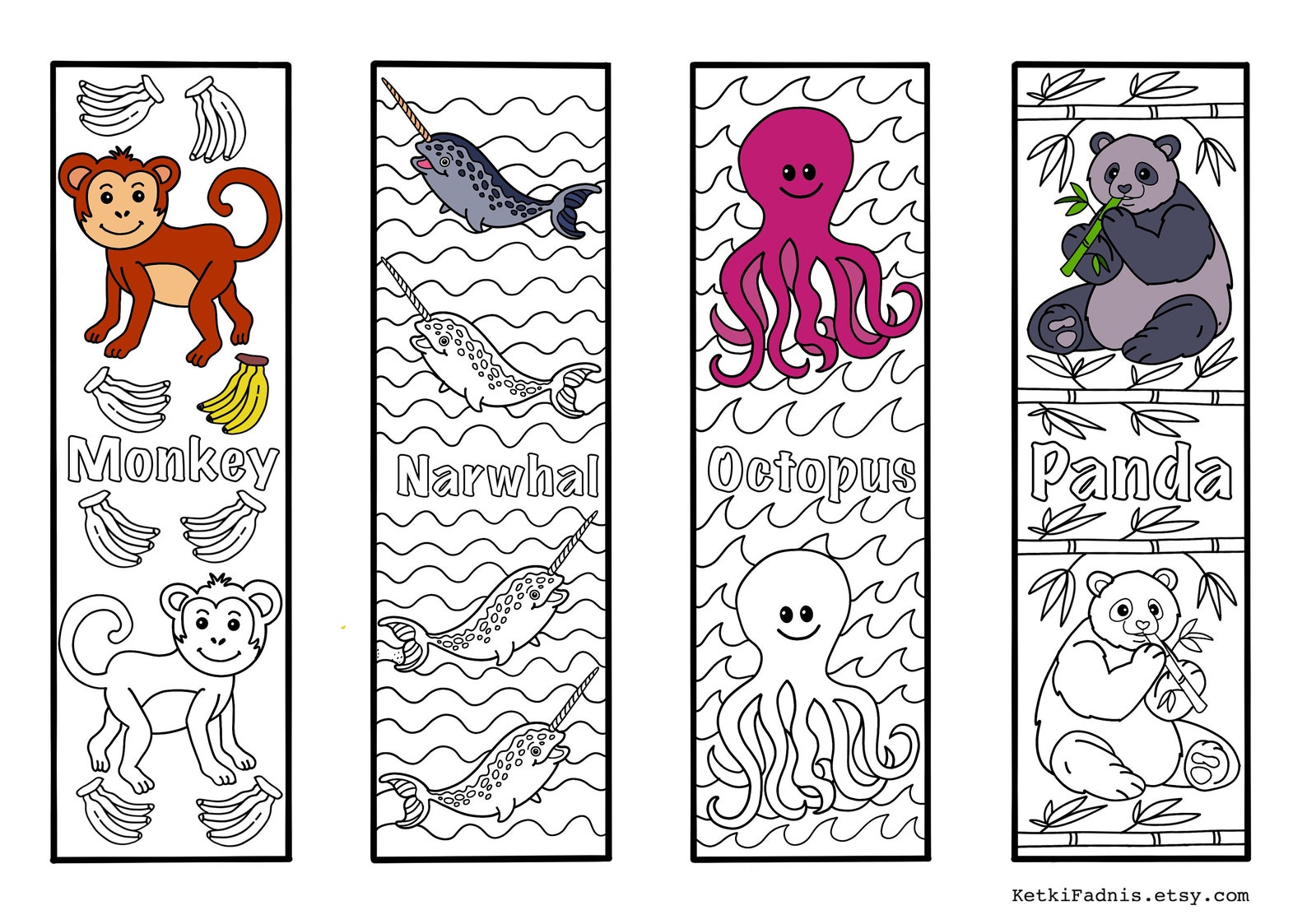 Animals 4 Coloring Bookmarks Bookmarks Coloring Page Etsy