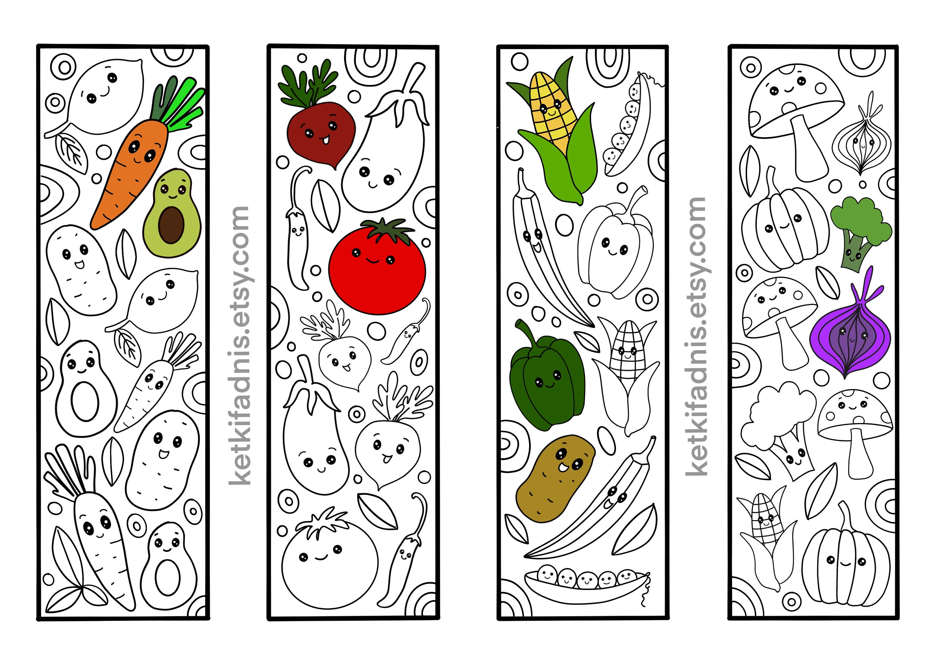 Kawaii Vegetables Coloring bookmarks bookmarks coloring page | Etsy