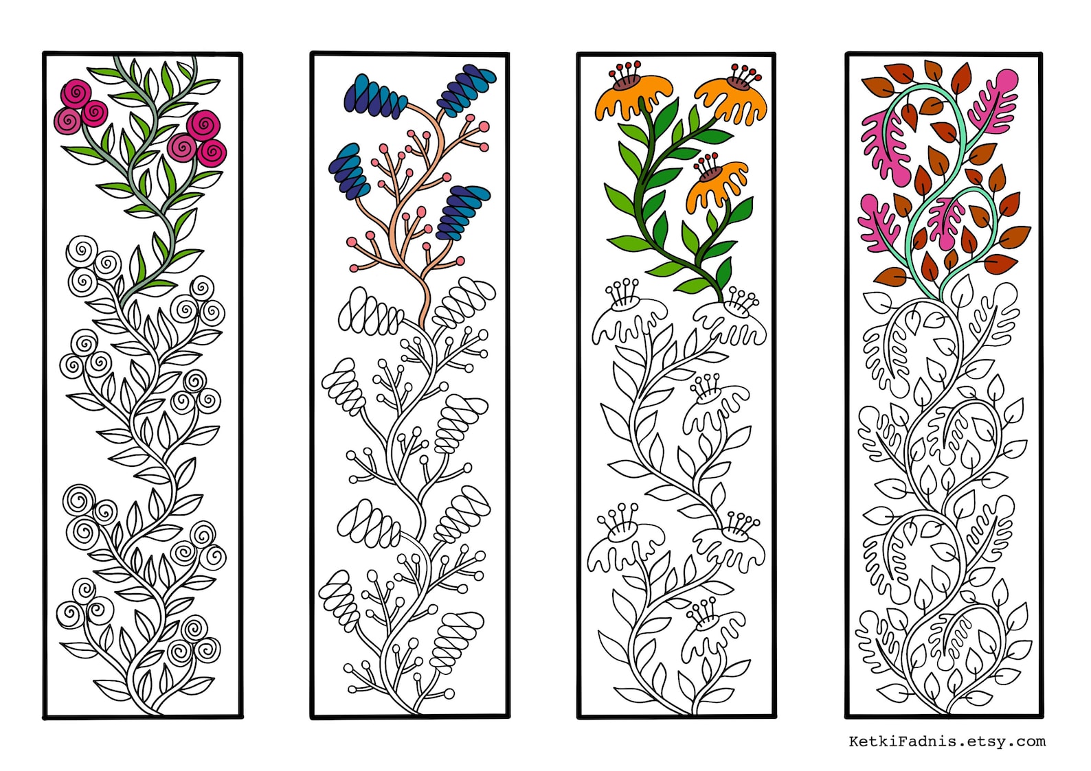 Flowers 5 Coloring Bookmarks Bookmarks Coloring Page Etsy