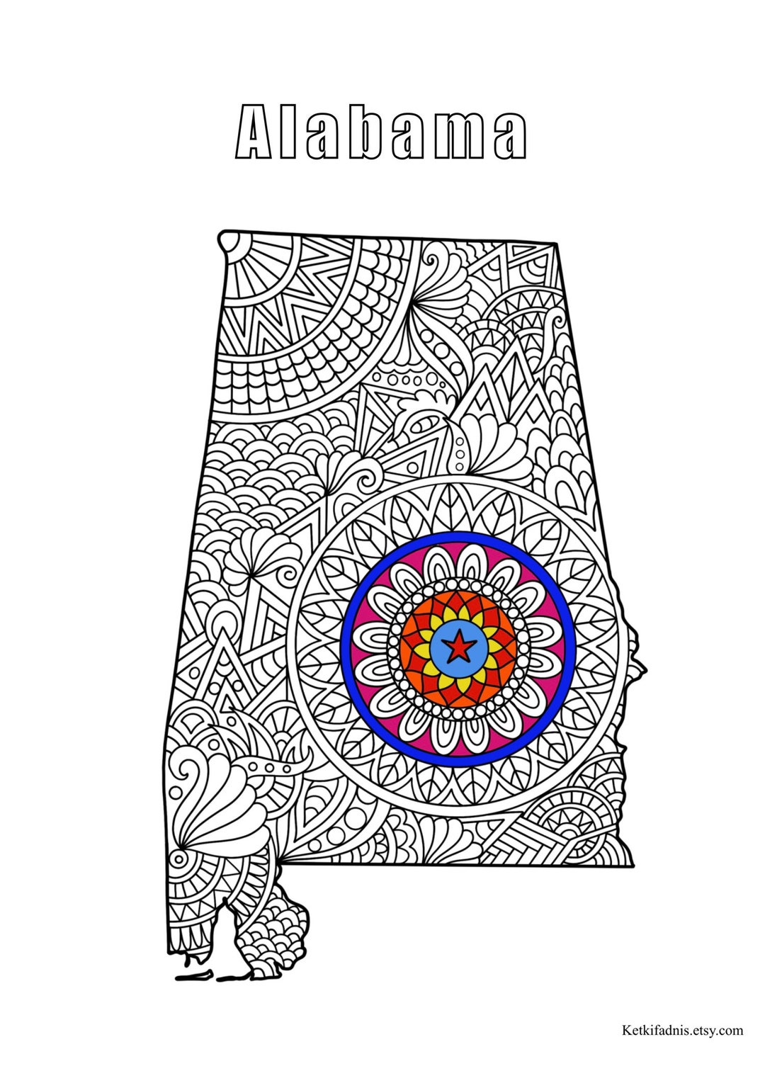 Alabama Map Colouring Page Digital Download PDF Zentangle - Etsy