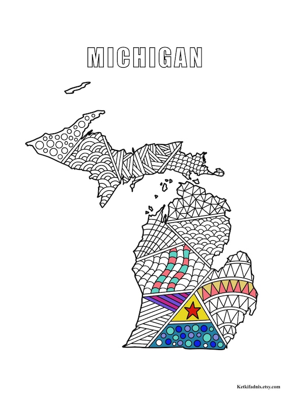 Michigan Map Colouring Page Digital Download PDF Zentangle Etsy