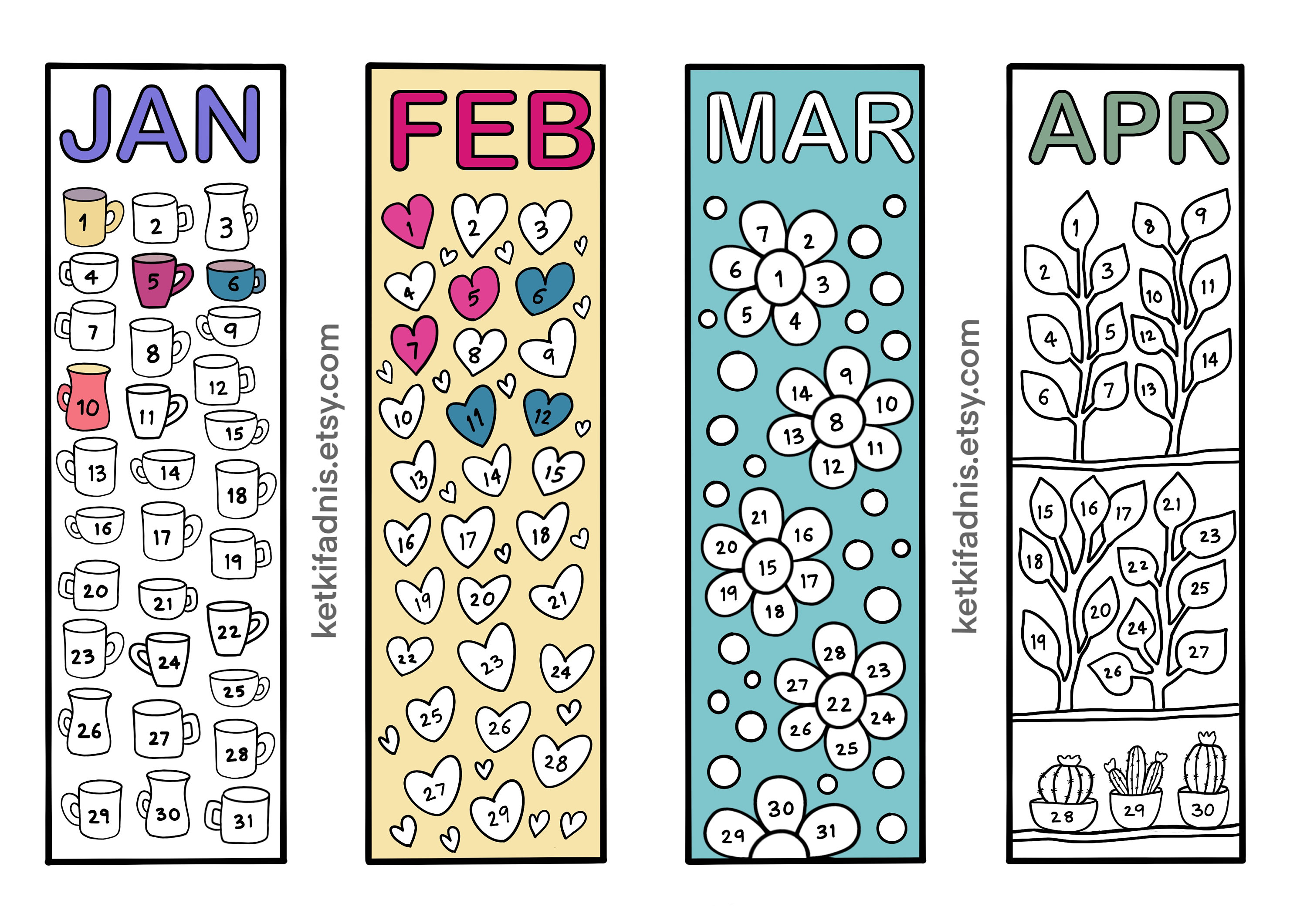 Bookmark Calendar Reading Tracker Bookmark PDF Printable and Coloring