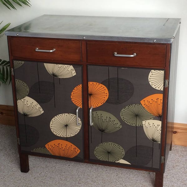 Vintage Upcycled 1950s dresser base, kitchen cupboard, aluminium top, wirework shelf, Sanderson Dandelions, Farrow & Ball