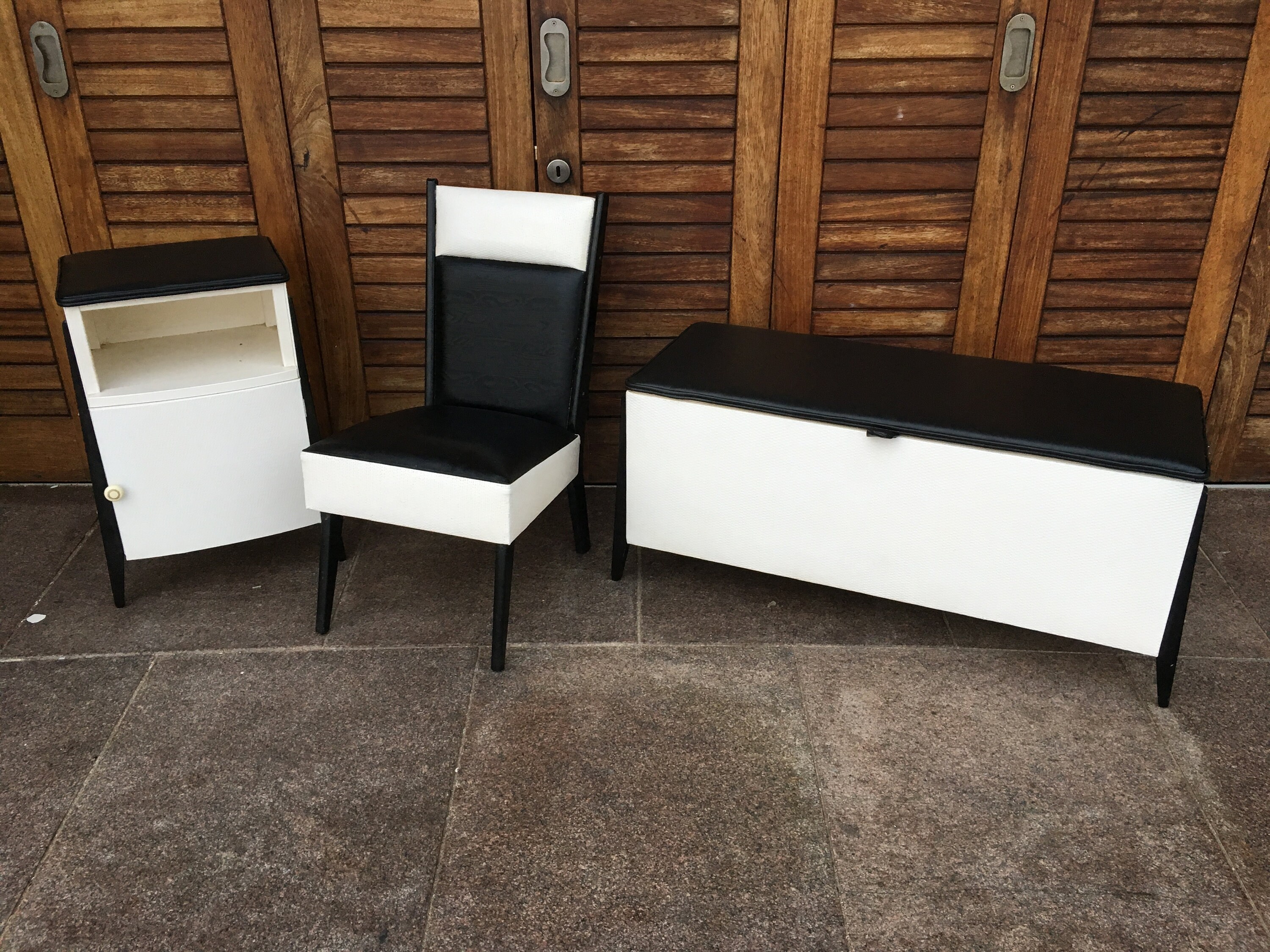 Unusual 1960s 3 Piece Bedroom Set Black White New Vinyl Bedside Ottoman Chair